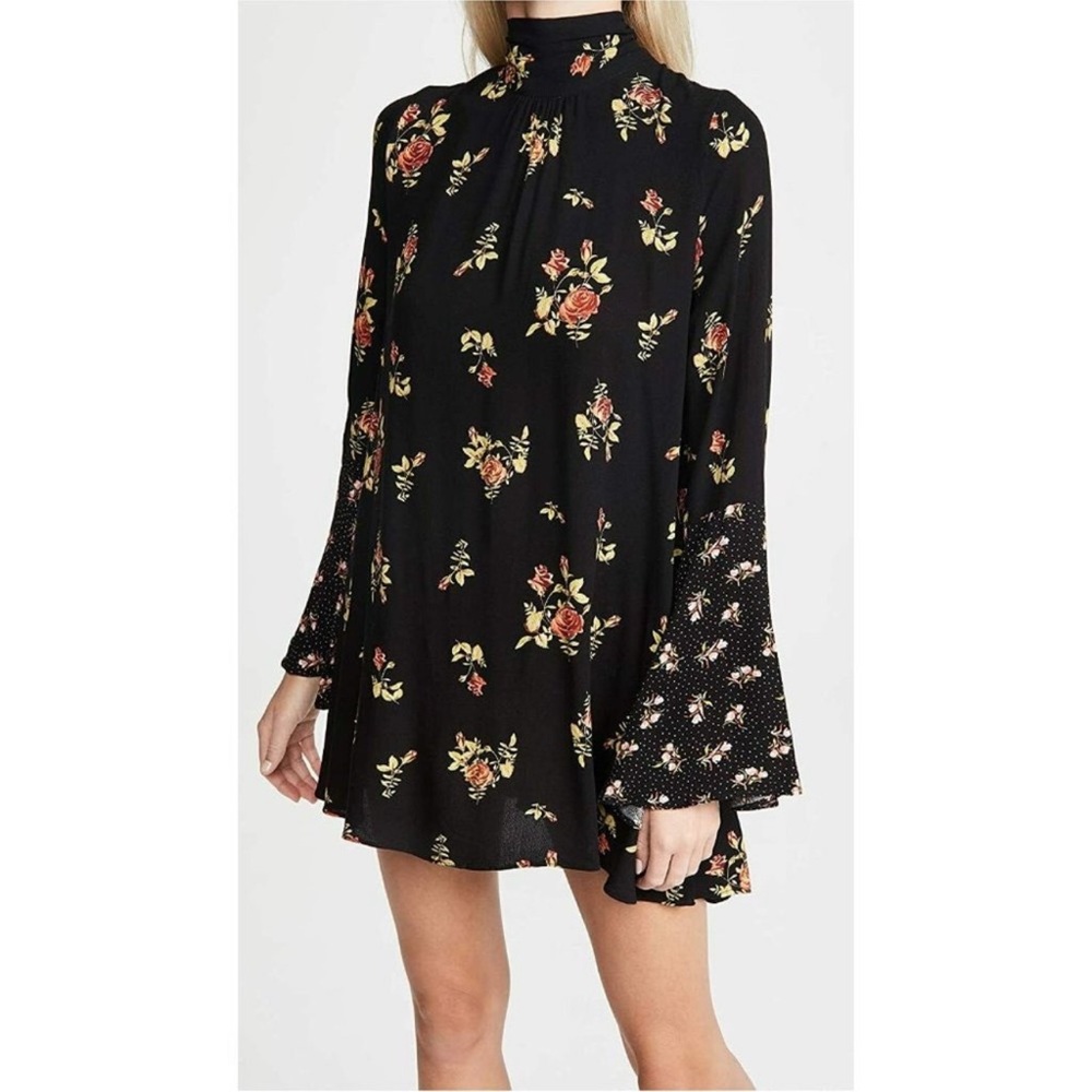 Free People Tate Boho Festival Black Floral Open Back Tunic Mini Dress | Small
